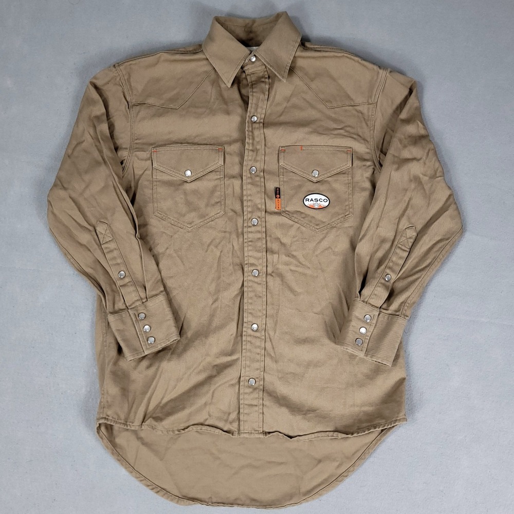 New Rasco FR Work Shirt Men's Small Khaki Western Snap Button Cotton FR1003KH